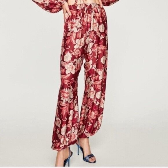 Zara Jogger Pants Floral Print Red Pull On High Rise - Picture 2 of 13